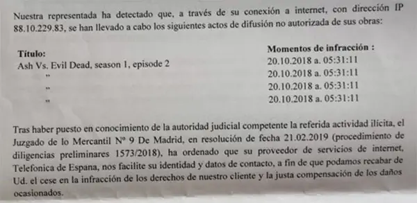 Carta de Movistar sobre las descargas